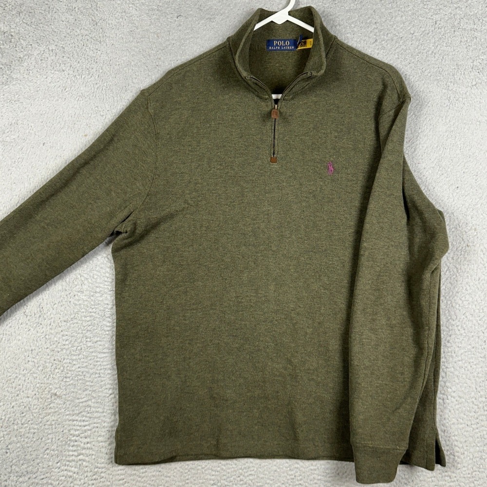 Polo Ralph Lauren Sweater Mens Large Olive Green Quarter Zip Pullover Mock Neck